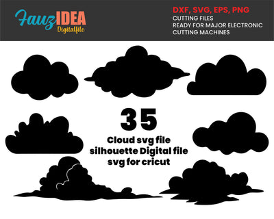 35 Cloud Svg, Cricut Cloud, Instant Download, Sky Svg, Summer Clipart, Weather Print, Cloud Design, Clouds silhouette, Cloud svg cut file SVG Fauz 