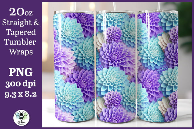 3D 20oz Tumbler Wrap | Purple and Teal Dahlia Flower Wrap Sublimation B Renee Design 