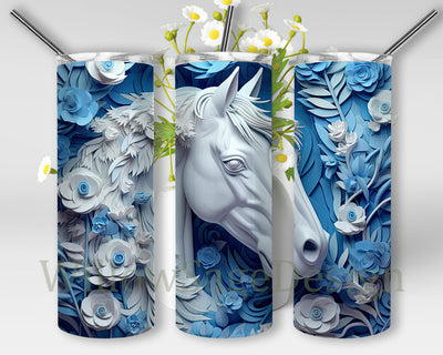3D A White Horse Made Out Of Clay And Flowers On Blue Floral Background 20oz Skinny Tumbler Png, 3D A White Horse Tumbler, 3D Horse Blue Flowers Png Sublimation WillowSageDesign 