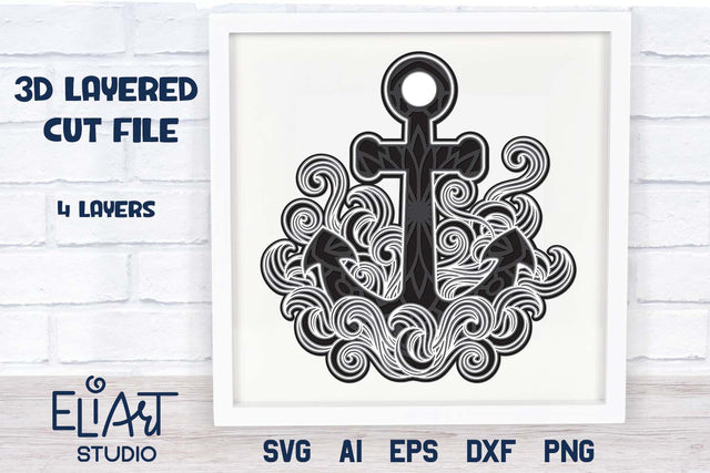 3d Anchor SVG, Layered Nautical Design with Waves and Swirls. 3D Paper Elinorka 