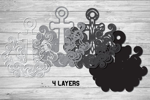 3d Anchor SVG, Layered Nautical Design with Waves and Swirls. 3D Paper Elinorka 