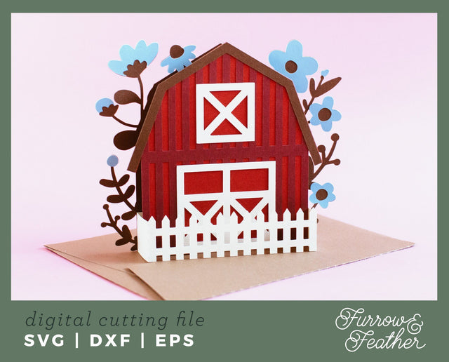 3D Barn with Flowers Box Card 3D Paper Furrow and Feather SVG 