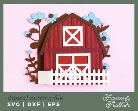 3D Barn with Flowers Box Card 3D Paper Furrow and Feather SVG 