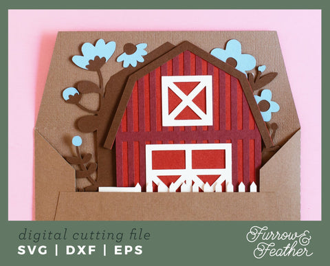 3D Barn with Flowers Box Card 3D Paper Furrow and Feather SVG 