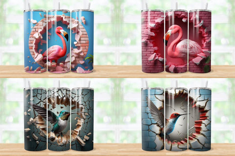 3D Birds Cracked Hole Tumbler Bundle Sublimation Regulrcrative 