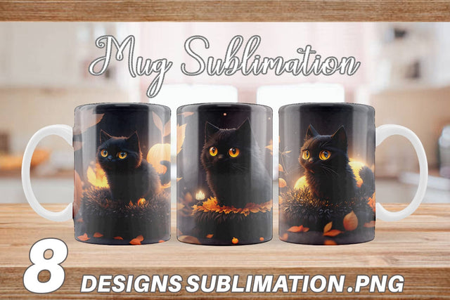 3D Black Cat Halloween Mug Wrap | Sublimation Coffee Cup Sublimation artnoy 