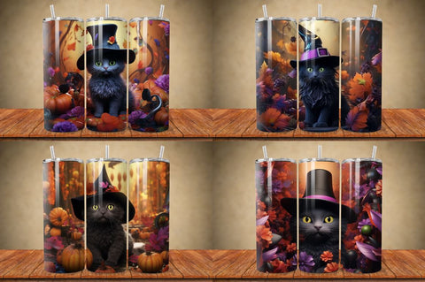 3D Black Cat in Witch Hat Tumbler Bundle Sublimation Regulrcrative 