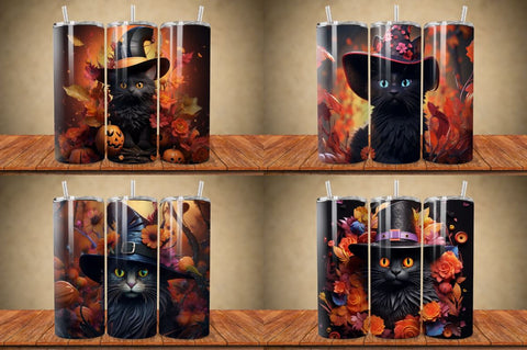 3D Black Cat in Witch Hat Tumbler Bundle Sublimation Regulrcrative 