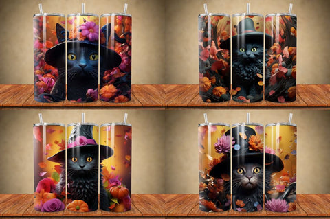 3D Black Cat in Witch Hat Tumbler Bundle Sublimation Regulrcrative 