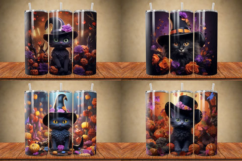 3D Black Cat in Witch Hat Tumbler Bundle Sublimation Regulrcrative 