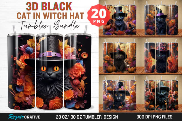 3D Black Cat in Witch Hat Tumbler Bundle Sublimation Regulrcrative 