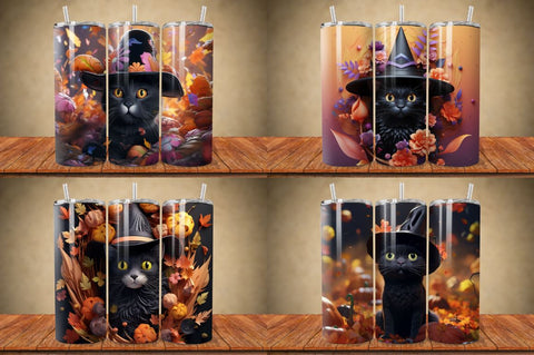 3D Black Cat in Witch Hat Tumbler Bundle Sublimation Regulrcrative 