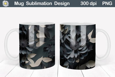 3D Black Flowers Mug | 3D Mug Wrap Sublimation WatercolorColorDream 