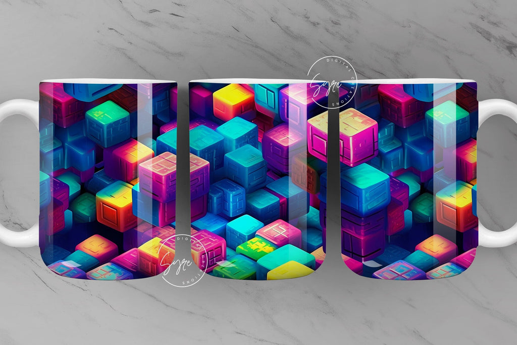 3D Blocks Mug, Rainbow Colors Cube, 3D Geometric Patterns Mugs ...