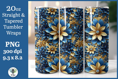 3D Blue and Gold Floral Tumbler Wrap | Floral PNG Sublimation B Renee Design 
