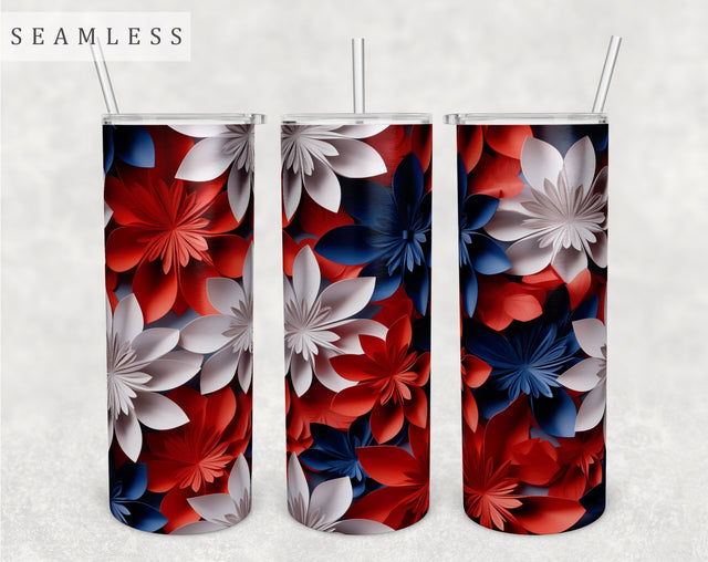3d Blue, Red And White Flowers Tumbler Wrap, 20 Oz Skinny Tumbler Sublimation Design, Seamless Patriotic Tumbler PNG, 4th Of July Tumbler Wrap Sublimation HappyDesignStudio 