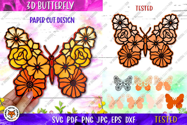 3D Butterfly SVG, 3D Butterfly Paper Cut, Flower Butterfly 3D Paper Digital Craftyfox 