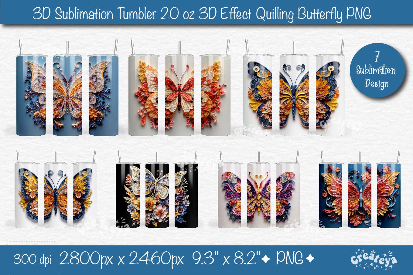 3D Butterflies Tumbler Sublimation I 3D Tumbler Wrap