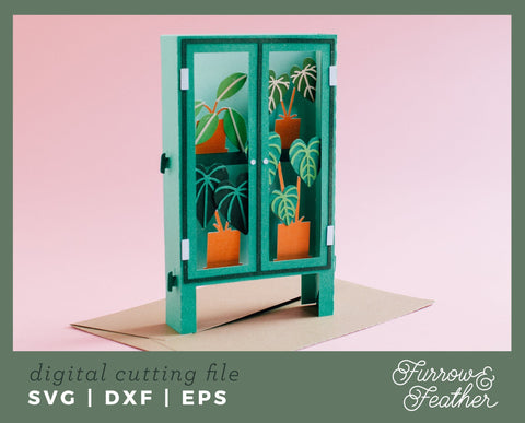3D Cabinet Greenhouse Box Card 3D Paper Furrow and Feather SVG 