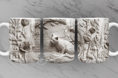 3D Cat Mug, White Floral Mug Wrap, Cat Mug Design, 3D Flower Mug, 3D Mural Mug, 11 & 15 Oz Mug Sublimation Wrap, Digital Download Sublimation Syre Digital Creations 