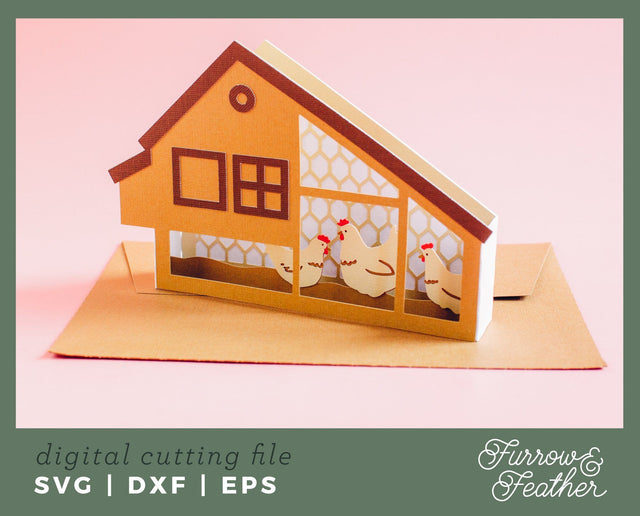 3D Chicken Coop Box Card 3D Paper Furrow and Feather SVG 