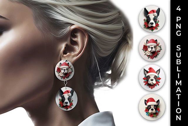 3D Christmas Boston Terrier Dog Earrings Sublimation PNG Bundle Free For Commercial Use Sublimation Sintegra 