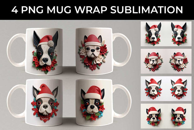 3D Christmas Boston Terrier Dog Mug Wrap Sublimation PNG Bundle Free For Commercial Use Sublimation Sintegra 