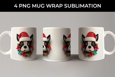 3D Christmas Boston Terrier Dog Mug Wrap Sublimation PNG Bundle Free For Commercial Use Sublimation Sintegra 