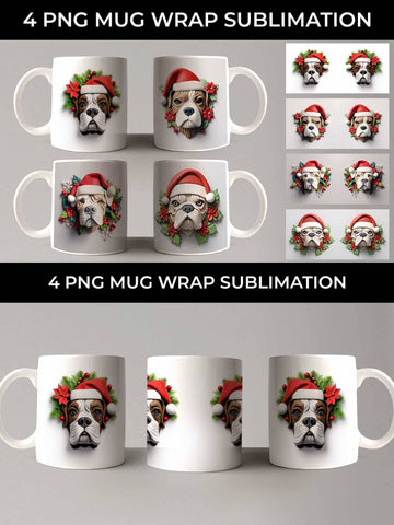 3D Christmas Boxer Dog Mug Wrap Sublimation PNG Bundle Free For Commercial Use Sublimation Sintegra 