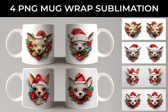 3D Christmas Chihuahua Dog Mug Wrap Sublimation PNG Bundle Free For Commercial Use Sublimation Sintegra 