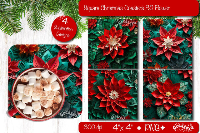 3D Christmas coaster Bundle Square coaster Sublimation 3D flowers PNG Sublimation Createya Design 