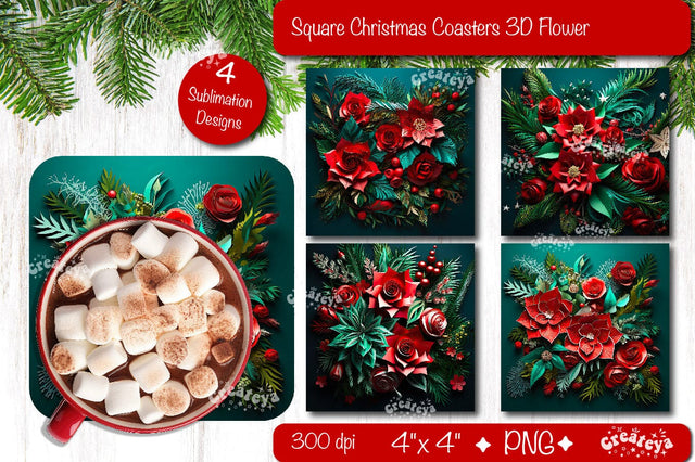 3D Christmas coaster Bundle Square coaster Sublimation 3D flowers PNG Sublimation Createya Design 