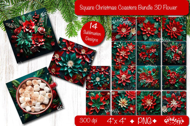 3D Christmas coaster Bundle Square coaster Sublimation 3D flowers PNG Sublimation Createya Design 