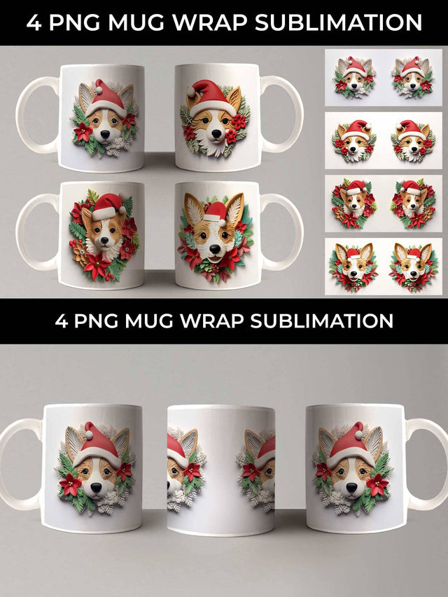 3D Christmas Corgi Dog Mug Wrap Sublimation PNG Bundle Free For Commercial Use Sublimation Sintegra 
