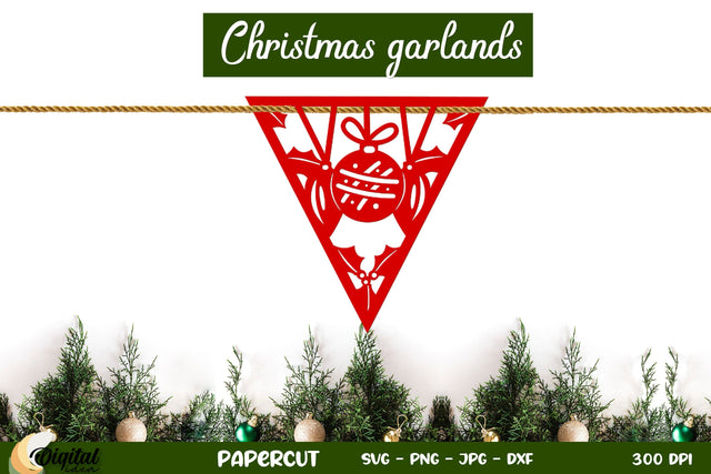 3D Christmas Garland Paper Cut. Christmas Patterns SVG. 3D Paper Evgenyia Guschina 