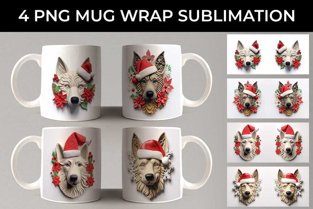 3D Christmas German Shepherd Dog Mug Wrap Sublimation PNG Bundle Free For Commercial Use Sublimation Sintegra 