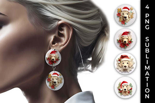 3D Christmas Golden Retriever Dog Earrings Sublimation PNG Bundle Free For Commercial Use Sublimation Sintegra 