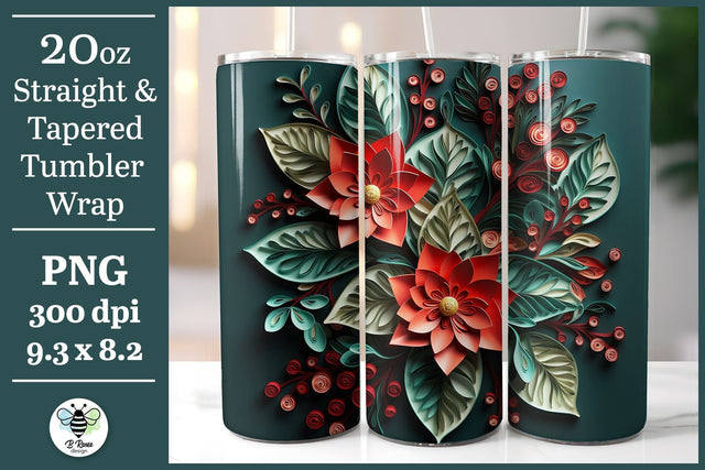 3D Christmas Holly 20oz Tumbler Wrap Sublimation B Renee Design 