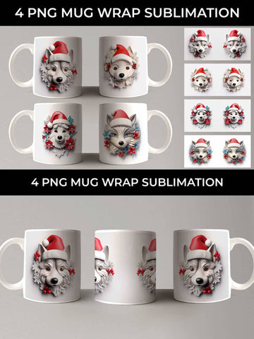 3D Christmas Husky Dog Mug Wrap Sublimation PNG Bundle Free For Commercial Use Sublimation Sintegra 