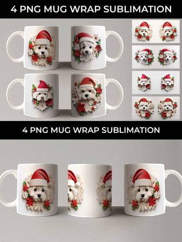3D Christmas Maltese Dog Mug Wrap Sublimation PNG Bundle Free For Commercial Use Sublimation Sintegra 