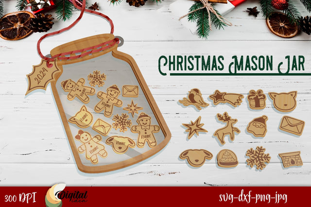 3D Christmas Mason Jar Laser Cut. Wooden Décor Laser Cut. SVG Evgenyia Guschina 