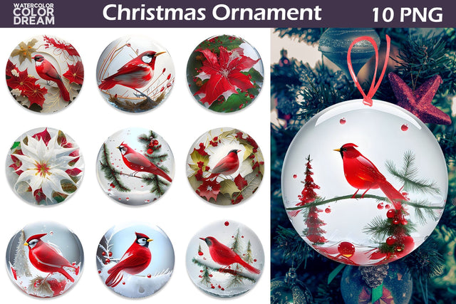 3D Christmas Ornament. Cardinal Christmas Ornament Bundle Sublimation WatercolorColorDream 