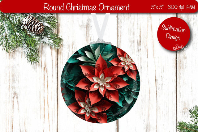 3D Christmas ornaments Round Sublimation 3D Christmas Flower PNG Sublimation Createya Design 