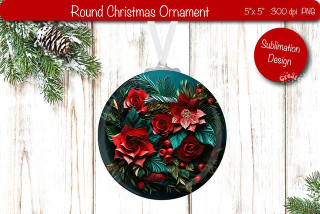 3D Christmas ornaments Round Sublimation 3D Christmas Flower PNG Sublimation Createya Design 