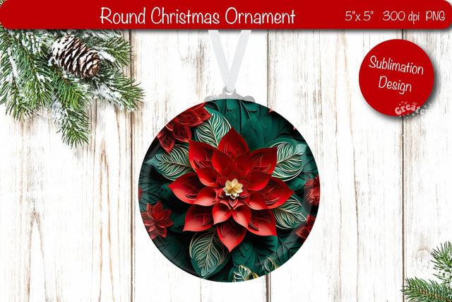 3D Christmas ornaments Round Sublimation 3D Christmas Flower PNG Sublimation Createya Design 