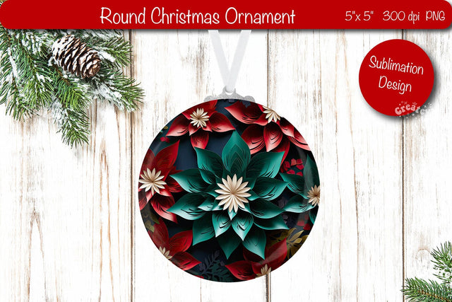 3D Christmas ornaments Round Sublimation 3D Christmas Flower PNG Sublimation Createya Design 