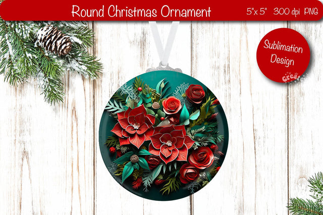 3D Christmas ornaments Round Sublimation 3D Christmas Flower PNG Sublimation Createya Design 