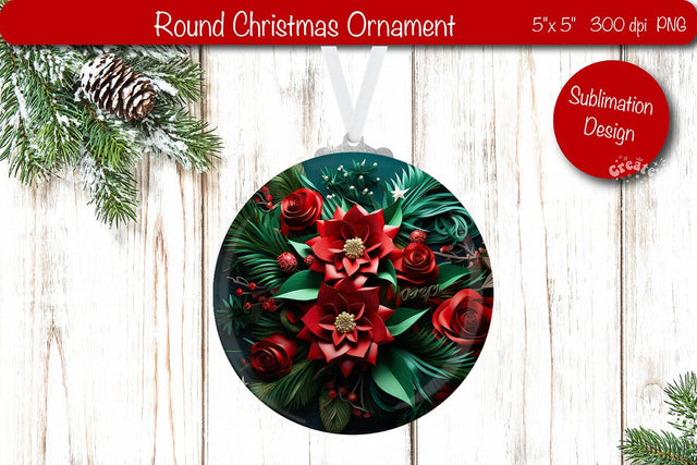 3D Christmas ornaments Round Sublimation 3D Christmas Flower PNG Sublimation Createya Design 