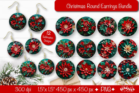 3D Christmas Round Earring Bundle Sublimation Designs Christmas 3D Flowers Sublimation Createya Design 