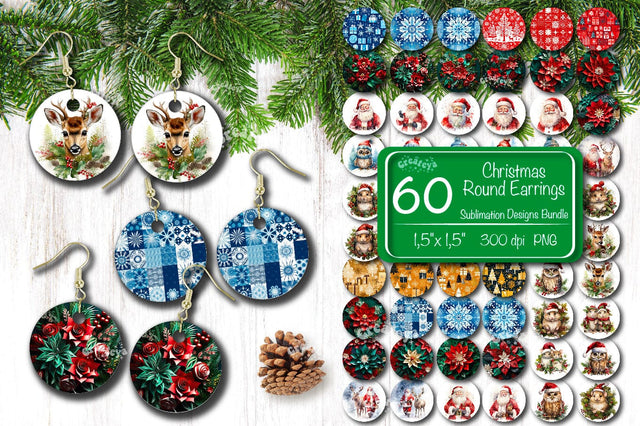 3D Christmas Round Earring Bundle Sublimation Designs Christmas Animals 3D Flowers Sublimation Createya Design 